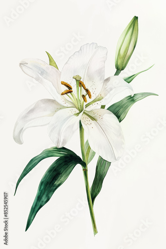 Elegant white lily with graceful green stem, simple watercolor illustration isolated on a white background 