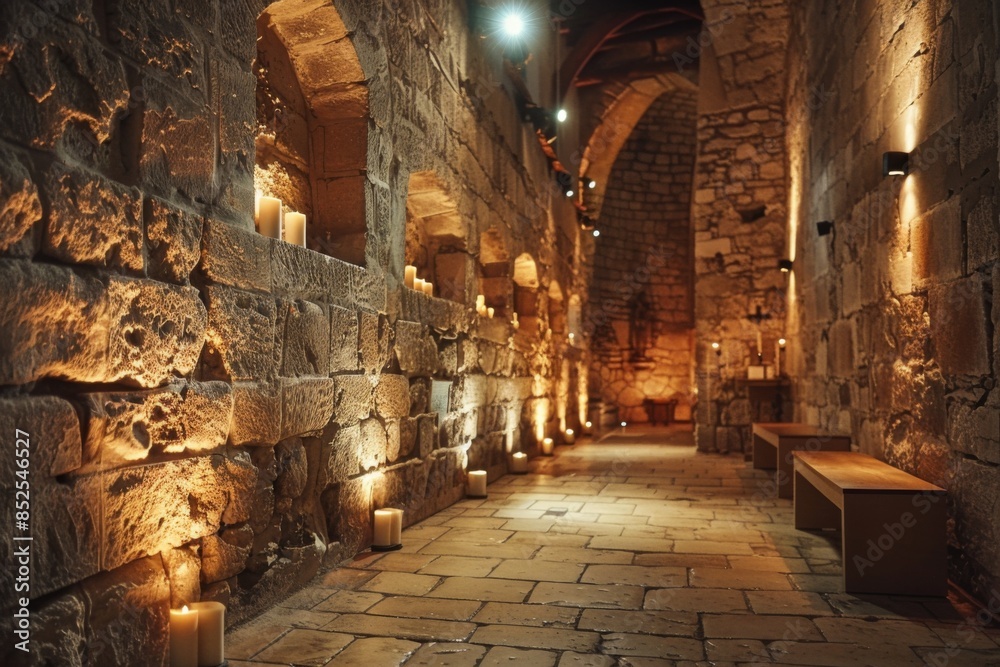Fototapeta premium Ancient Stone Corridor Lit by Candles