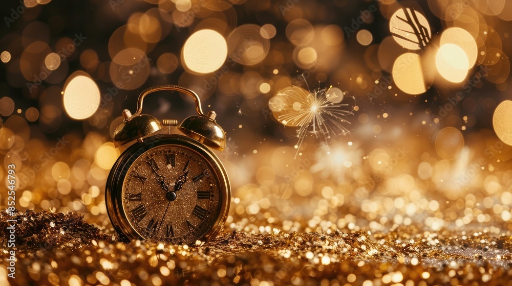 Glitter Background with Fireworks and a Clock: Celebratory and Festive New Year's Eve Scene in High Detail Glitter Background with Fireworks and a Clock: Celebratory and Festive New Year's Eve Scene in High Detail