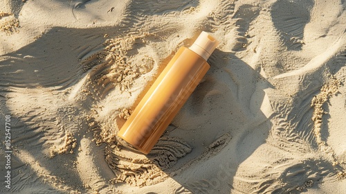 A travelsized dry shampoo bottle with a minimalistic design, lying on a sandy surface photo