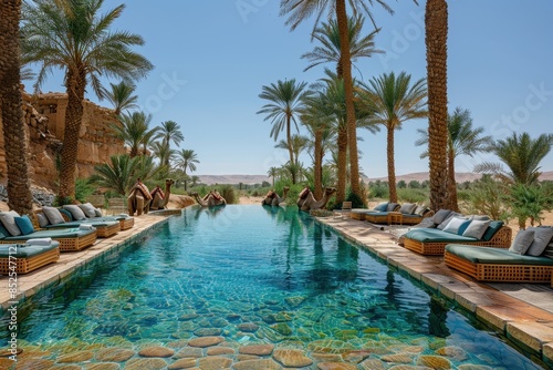 A beautiful desert oasis with palm trees, a clear blue pool, and camels resting in the shade. 