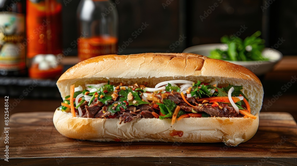 Delicious Vietnamese banh mi sandwich with pork, vegetables, and spices Delicious Vietnamese banh mi sandwich with pork, vegetables, and spices