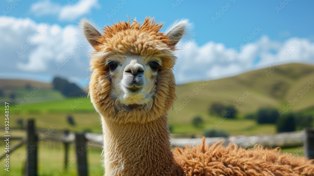 Obraz premium Fluffy alpaca with a curious expression in a scenic countryside landscape