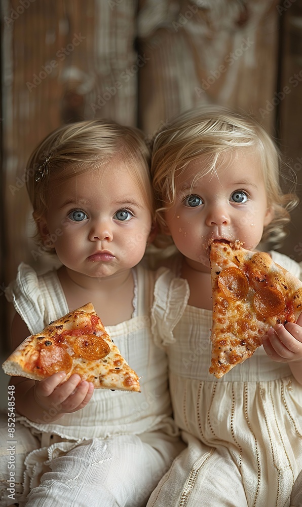 Adorable Twins Eating Pizza Together sister Adorable Twins Eating Pizza Together sister