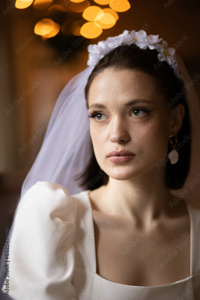 Fototapeta premium beautiful woman model bride in a wedding dress, portrait of a bride with a wreath on her head