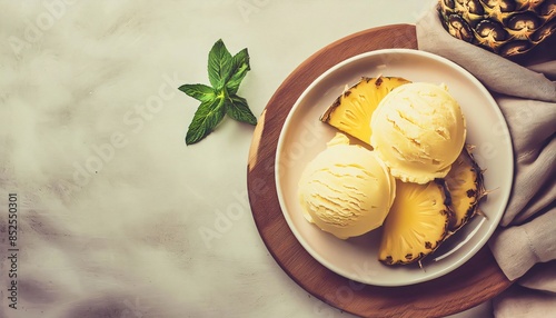 Delicious pineapple ice cream with fresh slices on a wooden plate, perfect summer treat with creamy texture and fruity flavor. Enjoy on hot days for a burst of flavor