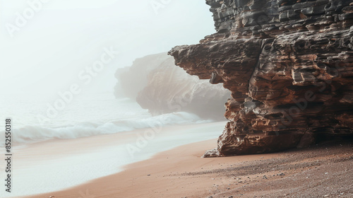 And close to a sandstone rock cliff edge on a smooth flat brown sand beach on a foggy day in the Marianas T. photo