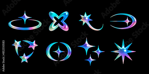Set of 3d abstract y2k shapes – star, comet, spark, crescent. Vector holographic chrome objects with shiny rainbow surface for cosmic, sci-fi, retrofuturistic, cyberpunk, celestial designs