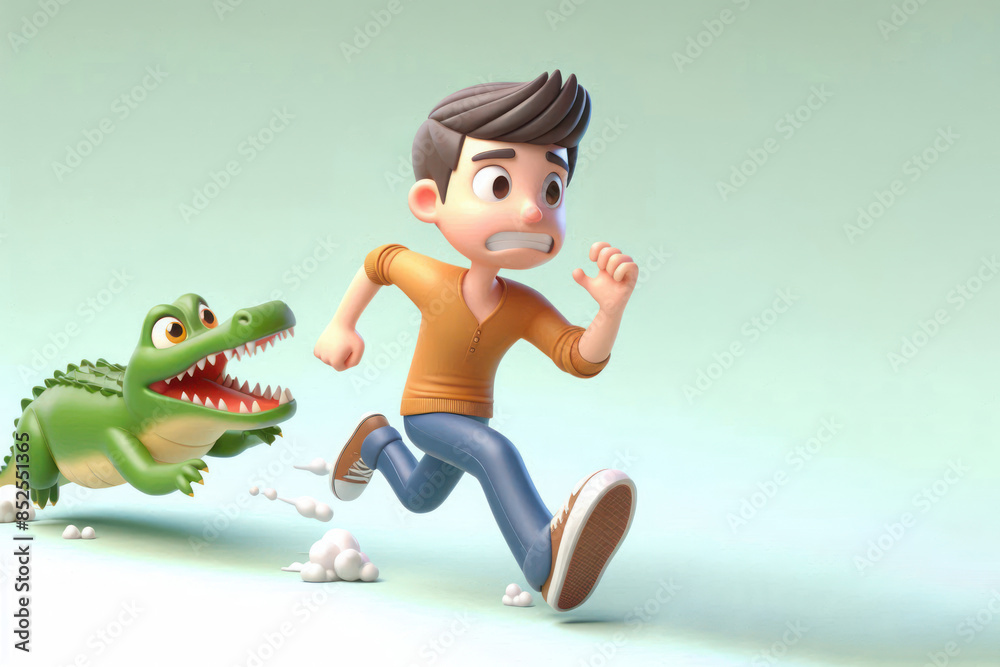 A crocodile is chasing a young guy. Space for text. A crocodile is chasing a young guy. Space for text.