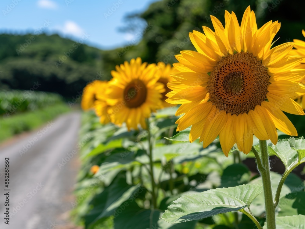 Naklejka premium Vibrant sunflowers in a scenic countryside