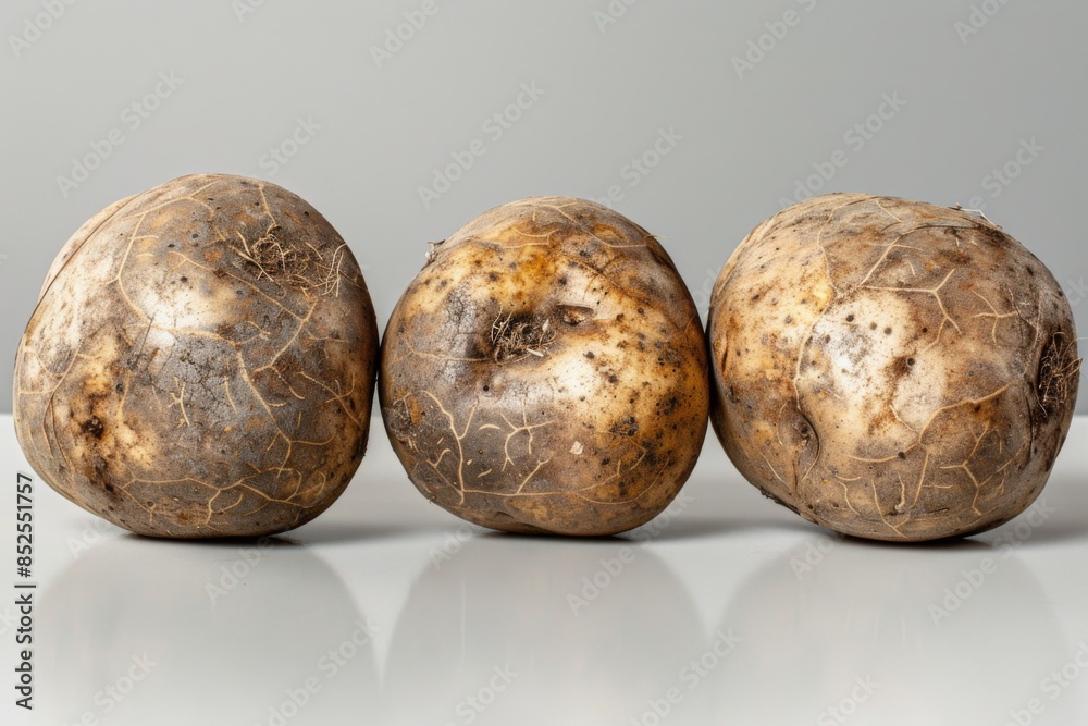 Fototapeta premium Three Raw Potatoes on Grey Background