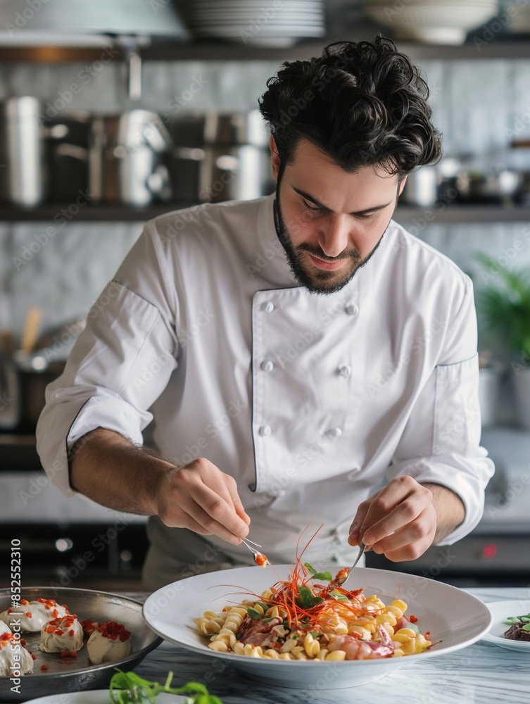 Handsome chef dressed in white uniform decorating pasta salad and seafood fish in modern kitchen Handsome chef dressed in white uniform decorating pasta salad and seafood fish in modern kitchen