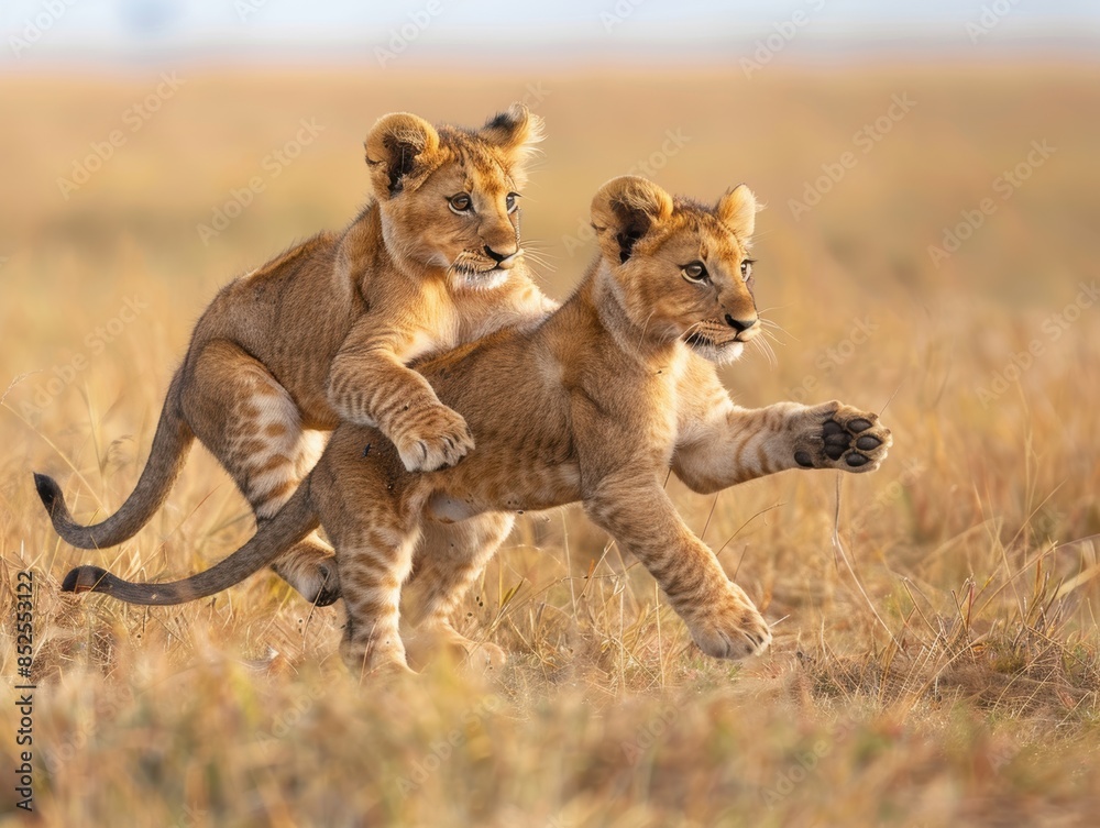 Two playful lion cubs in the african savanna Two playful lion cubs in the african savanna
