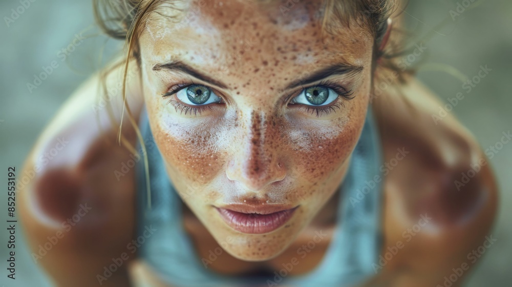 Fototapeta premium A close-up of a woman’s face reveals her blue eyes and freckles as she gazes seriously into the camera.