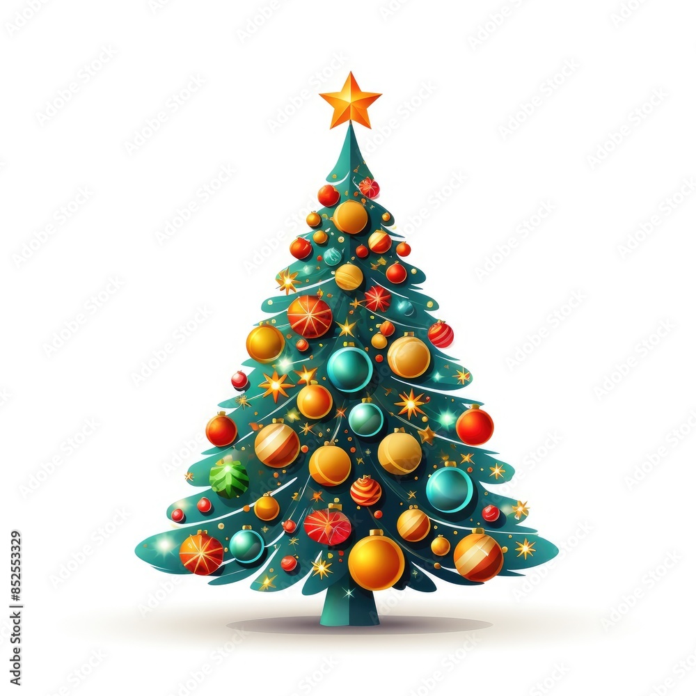 Vibrant Christmas Tree Vector with Ornaments on White Background Vibrant Christmas Tree Vector with Ornaments on White Background