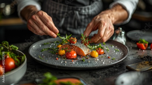 A chef is carefully plating a delicious-looking dish.
