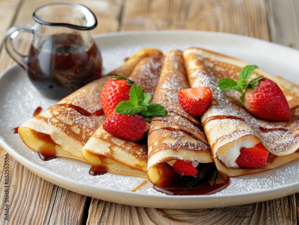 Delicious homemade crepes with fresh strawberries and powdered sugar Delicious homemade crepes with fresh strawberries and powdered sugar