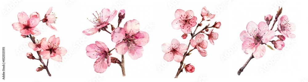 Watercolor pink cherry blossom branches against a white background, symbolizing spring renewal, beauty, and aligning with the Japanese Hanami festival and romantic themes Watercolor pink cherry blossom branches against a white background, symbolizing spring renewal, beauty, and aligning with the Japanese Hanami festival and romantic themes