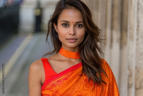Elegant woman in vibrant orange sari
