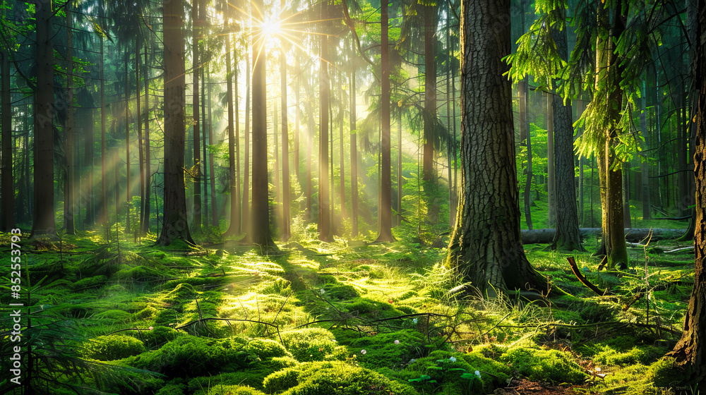Obraz premium A beautiful forest with sunlight shining through the trees
