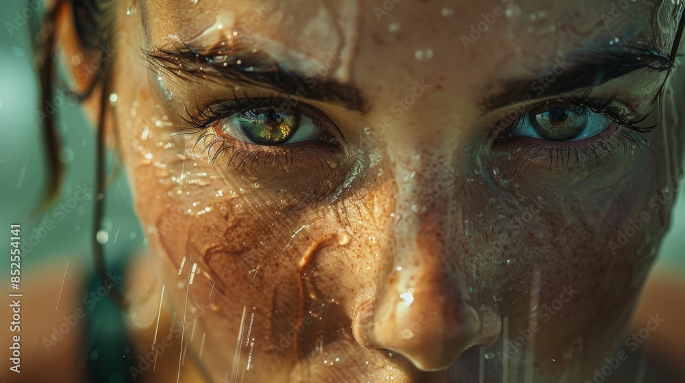 Close-up of a woman's face with water on her cheeks and her eyes looking at the camera. Close-up of a woman's face with water on her cheeks and her eyes looking at the camera.