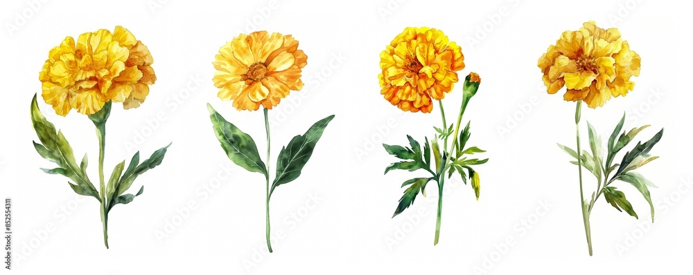 custom made wallpaper toronto digitalWatercolor illustration of marigold flowers on white background, symbolizing Day of the Dead and harvest celebrations