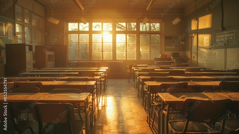 Early morning in the classroom, the sun is shining through the windows. Early morning in the classroom, the sun is shining through the windows.