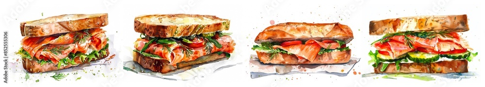 Watercolor illustrations of delicious smoked salmon sandwiches with fresh vegetables, perfect for culinary art, food blogs, and healthy eating concepts Watercolor illustrations of delicious smoked salmon sandwiches with fresh vegetables, perfect for culinary art, food blogs, and healthy eating concepts