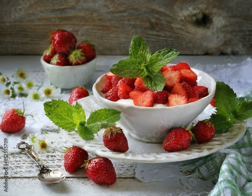 Frühstück mit frischen Walderdbeeren und Minze  photo