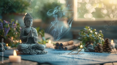 The image shows a serene Buddha statue sitting on a table, surrounded by candles and incense photo