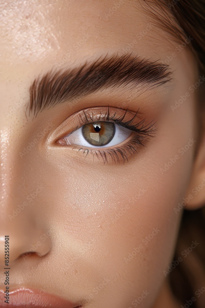 Fototapeta premium Perfect Eyebrows and lashes: A close-up shot of a model's eyebrows, groomed and filled to perfection. Fashion, beauty, cosmetics.