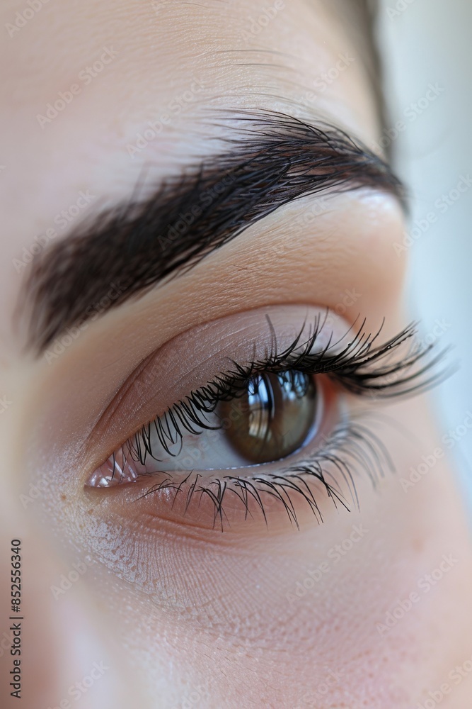 Obraz premium Perfect Eyebrows and lashes: A close-up shot of a model's eyebrows, groomed and filled to perfection. Fashion, beauty, cosmetics.