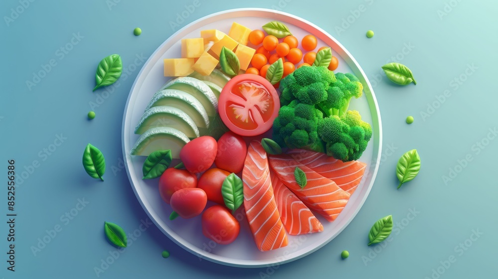 A plate of healthy food including avocado, broccoli, carrots, cherry tomatoes, and salmon. A plate of healthy food including avocado, broccoli, carrots, cherry tomatoes, and salmon.
