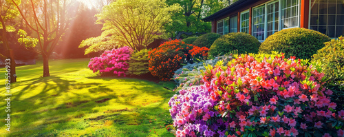 Beautiful colorful flower garden with azalea and rhododendron flowers in front of luxury house