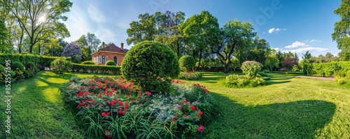 Beautiful colorful flower garden with azalea and rhododendron flowers in front of luxury house