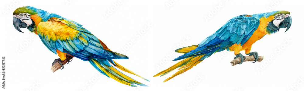 Obraz premium Watercolor paintings of vibrant blue-and-yellow macaws perched on branches, ideal for themes related to wildlife, nature conservation, and tropical holidays
