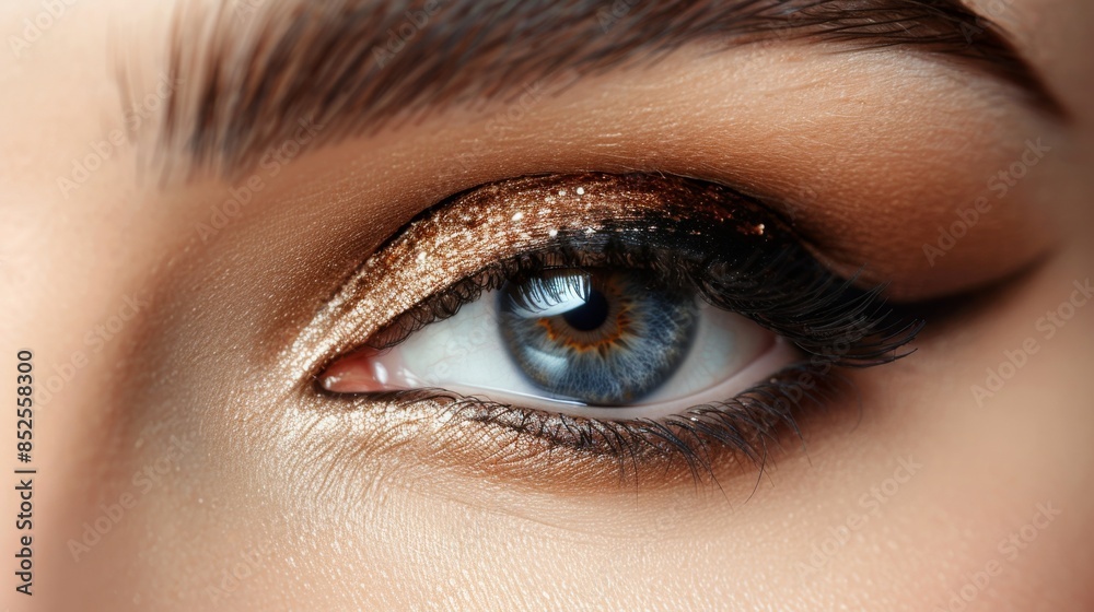 Obraz premium Perfect Eyebrows and lashes: A close-up shot of a model's eyebrows, groomed and filled to perfection. Fashion, beauty, cosmetics.