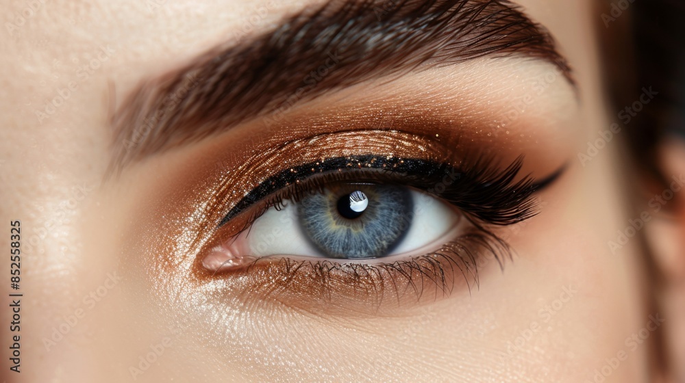 Obraz premium Perfect Eyebrows and lashes: A close-up shot of a model's eyebrows, groomed and filled to perfection. Fashion, beauty, cosmetics.