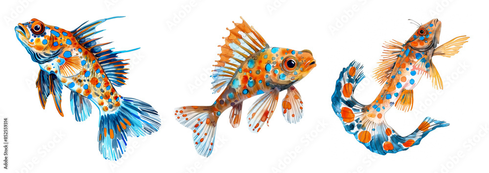 Obraz premium Three vibrant, colorful tropical fish with striking patterns swim gracefully, ideal for themes of underwater beauty, marine life, and aquatic holidays like World Ocean Day