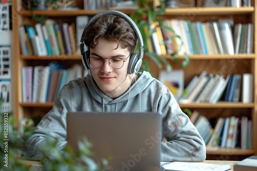 Happy Young Man Studying Online at Home