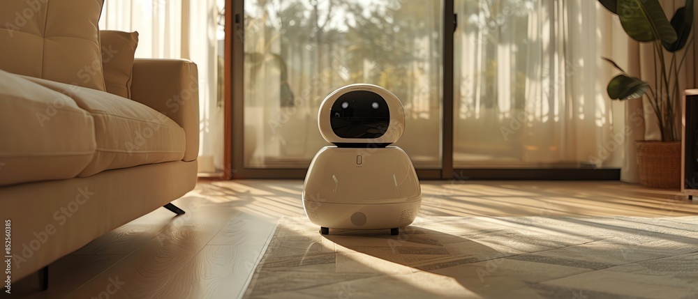 Fototapeta premium full-body android pet robot assisting with household chores, cleaning mode, high-tech features
