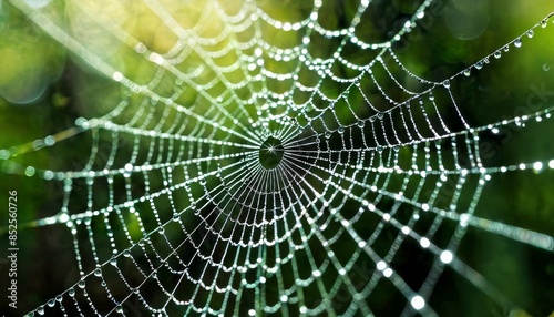 A close-up of a spider web glistening with dew drops, set against a softly blurred green background. This captivating image captures the delicate beauty of nature and the intricate design of the web