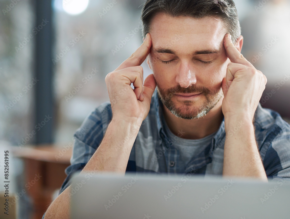 Headache, business and mature man in office with laptop for editing report, burnout or project deadline. Fatigue, stress and male employee with eyes closed for migraine, anxiety or overworked Headache, business and mature man in office with laptop for editing report, burnout or project deadline. Fatigue, stress and male employee with eyes closed for migraine, anxiety or overworked