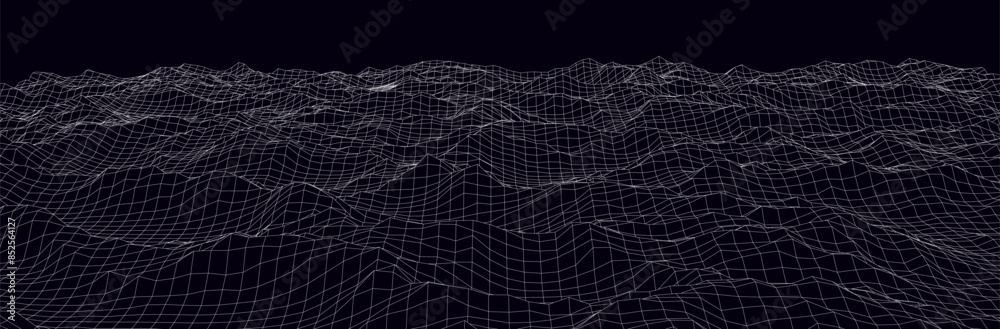 Naklejka premium Wireframe landscape. Futuristic 3d mesh background. Digital hills technology. Vector illustration.