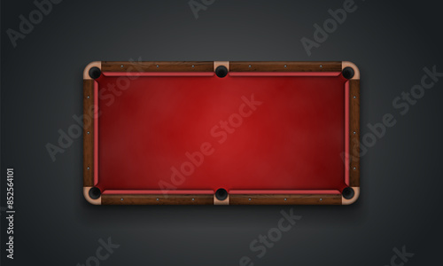 Billiard table with red cloth on dark background. Empty pool table top view. Vector illustration.