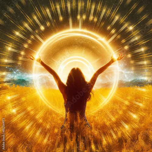 Captivating Image of the Law of Attraction with Woman's Silhouette in Radiant Golden Field Holding Glowing Orb