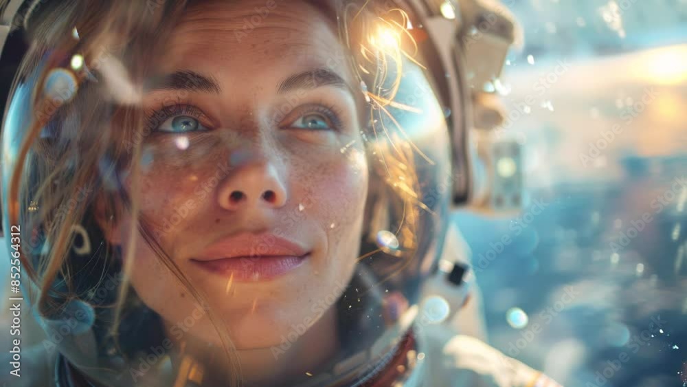 Caucasian female astronaut looking at the earth through the window of a space rocket ship in outer space Caucasian female astronaut looking at the earth through the window of a space rocket ship in outer space