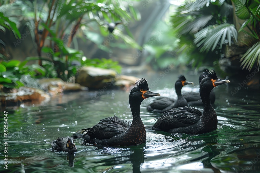 A bird sanctuary with various species in their natural habitat, showcasing bird conservation efforts. A bird sanctuary with various species in their natural habitat, showcasing bird conservation efforts.