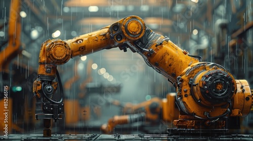 Industrial Robotic Arm in Rainy Factory