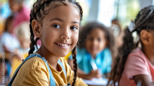 The smiling schoolgirl in class